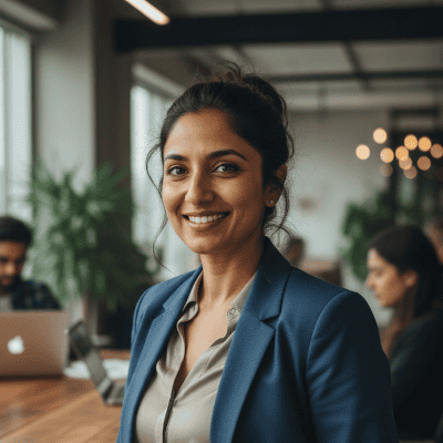 Confident businesswoman smiling in modern office environment.