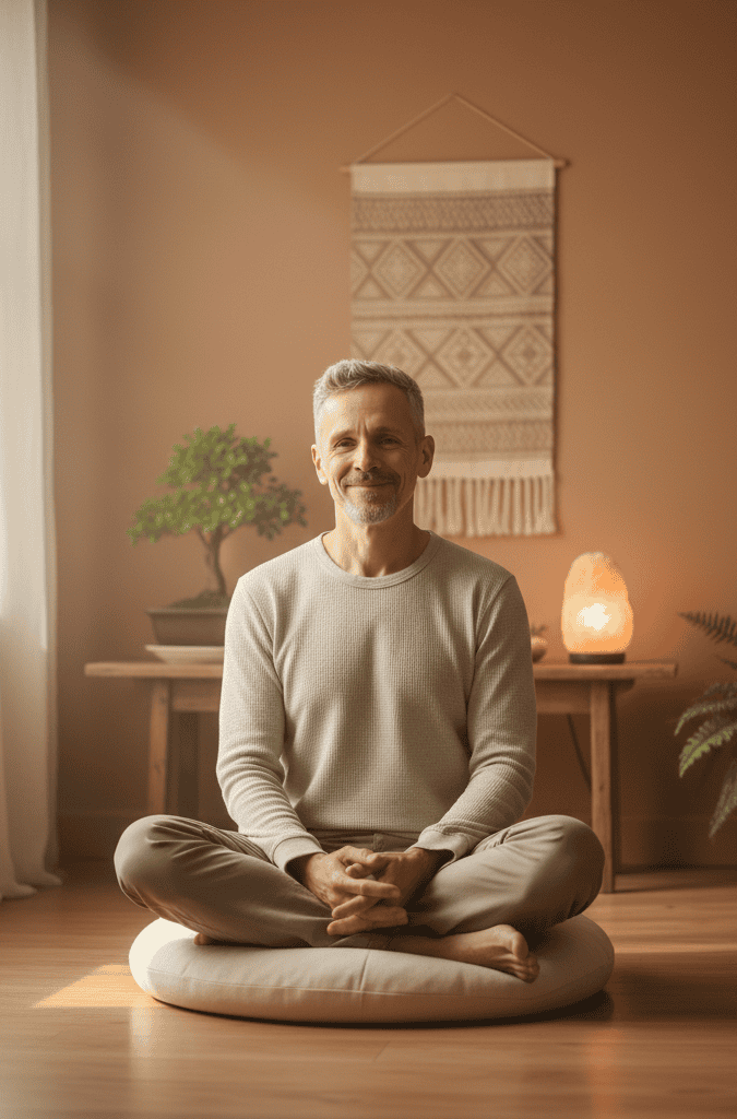 Meditative man sitting cross-legged on yoga cushion in cozy wellness room.
